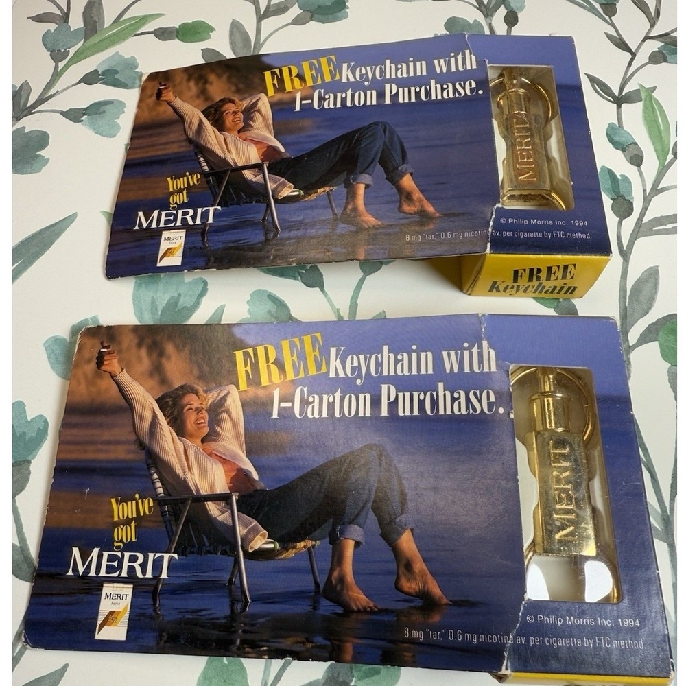 Lot of 2 Vintage Merit Cigarettes Promo Keychains Philip Morris 1994 NOS
